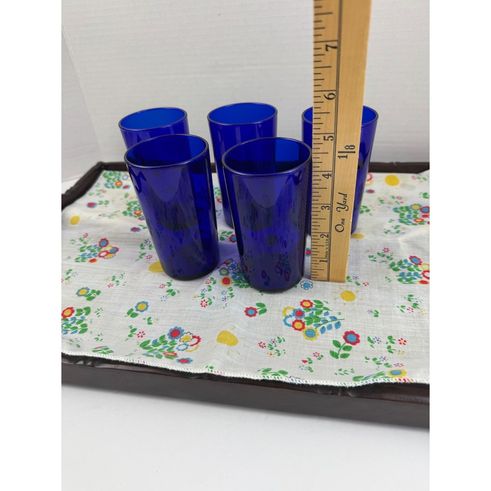 Vintage Cobalt Blue Glass Tumblers Set of 5 Mid Century Modern Juice Glasses - Picture 4 of 4